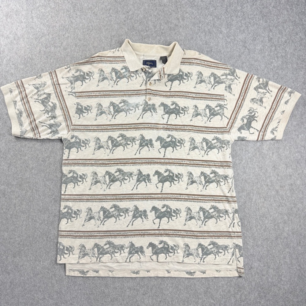 Roper Mens Polo Shirt XL Tan‎ Khaki Short Sleeve Cotton Cowboy Horses Pattern